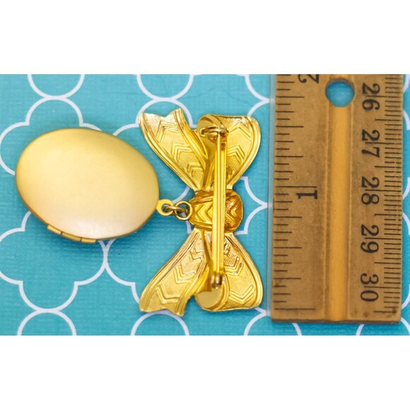 Vintage Floral Round Oval Locket Pendant Gold Tone Ribbon Brooch - R35 - Picture 3 of 3